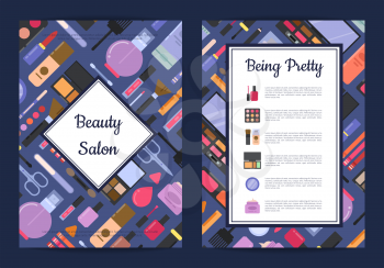 Vector card, flyer, brochure template for beauty brand,presentation with flat style makeup and skincare background with framed rectangles with place for text illustration