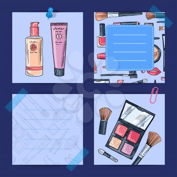 Vector hand drawn makeup products, foundation, shadows lined notes set illustration
