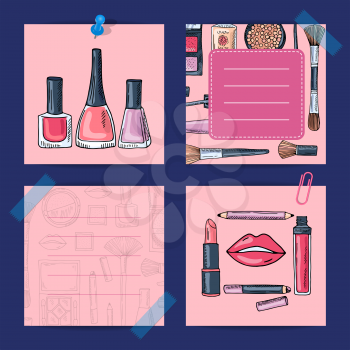 Vector hand drawn makeup products, nail polishes, lipsticks lined notes set illustration