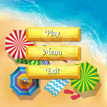 Vector cartoon style buttons with text for game design on beach umbrellas top view background. Set of button play and exit menu design illustration