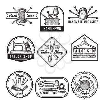 Different monochrome labels for sewing or tailor workshop. Sewing and handmade, workshop badge. Vector illustration