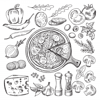 Illustrations of classical italian cuisine. Pizza and different ingredients. Fast food set tomato and mozzarella, olive and onion, salami and basil for pizza