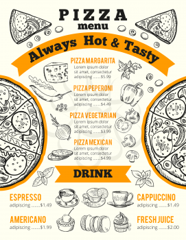 Design template for pizzeria menu. Vector monochrome illustration. Fresh juice, americano and cappuccino, mexican and vegetarian pizza
