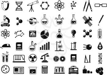 Monochrome set of different chemical symbols and others science icons in flat style. Chemical science laboratory elements. Vector illustration