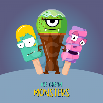 Ice cream vecton character design. Banner with three monsters set illustration