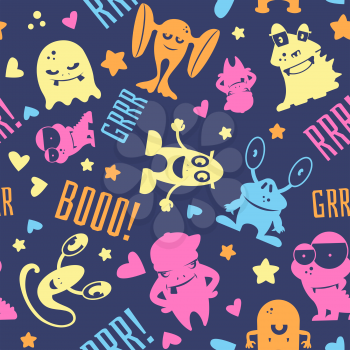 Seamless pattern with cute cartoon monsters, bubbles and words hello, monster, boo. Vector illustration