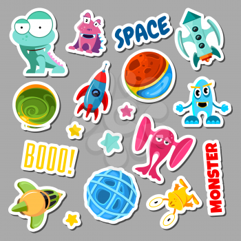 Set of stickers with space objects and monsters. Cartoon vector illustration for children. Sticker monster and space ship