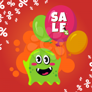 Sale card with cute monster. Promotion balloon shopping discount banner. Vector illustration