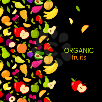 Vector fruits frame isolated on black background. Organic color fruits banner illustration