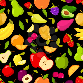 Vector seamless summer fruits pattern on a black background. Color fruits pattern illustration