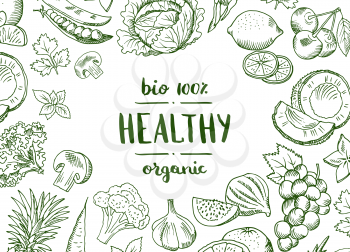 Vector horizontal doodle handdrawn fruits and vegetables vegan, healthy food banner and poster with background vegetables illustration