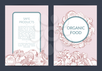 Vector handdrawn fruits and vegetables vegan, healthy food card, brochure, flyer template, organic food banner illustration