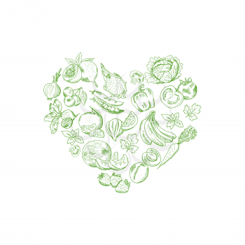 Vector sketched fresh vegetables and fruits in shape of heart illustration, Vegan banner poster