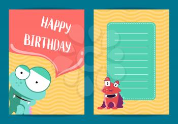 Vector banner happy birthday card template with cute cartoon monsters on wavy background illustration