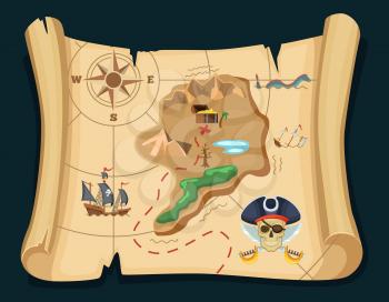 Old treasure map for pirate adventures. Island with old chest. Vector illustration. Pirate map treasure, travel adventure