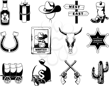 Monochrome black illustrations. Theme of wild west. Cowboy, sheriff, guns and others icons. Sheriff star and revolver, tequila and money, wagon and cactus