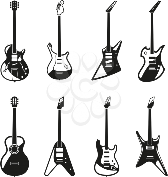 Different rock electric guitars set. Vector monochrome musical guitar, electric rock instrument illustration