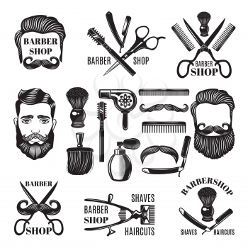 Monochrome pictures of barber shop tools. Vector illustrations for labels. Barber shop and salon haircut logo