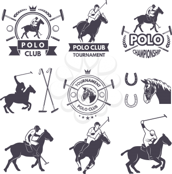 Labels set of sport competition for polo game. Polo club competition, vintage equestrian logo. Vector illustration
