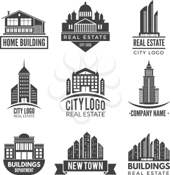 Real estate logos and monochrome labels. Vector business building, label house real estate illustration