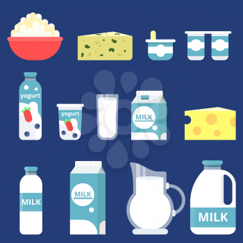 Illustrations of different milk products in flat style. Product of milk fresh in glass bottle, orgamic food for breakfast vector