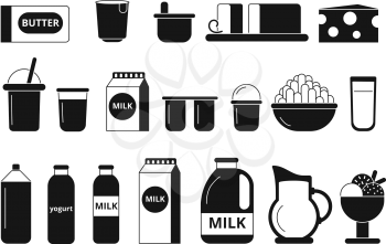 Silhouette and monochrome pictures of dairy milk products. Black and white milk dairy nutrition, vector illustration