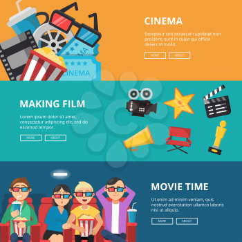 Horizontal banners at cinema theme. Male and female characters watching movies. Poster cinema movie film, entertainment media. Vector illustration