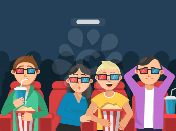 Funny characters watching scary movie in cinema. Horror movie film, scary young together female and male. Vector illustration