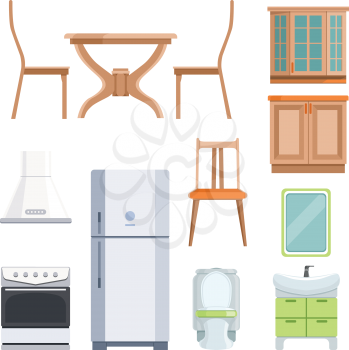 Different furniture for living room and kitchen. Furniture interior for kitchen, table and chair. Vector illustration