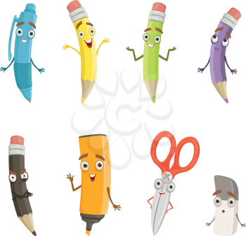 Cartoon characters of different drawing tools. Pencils, pen and others. School instrument pen with face, vector illustration