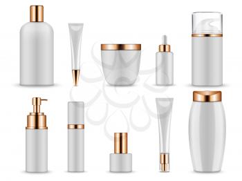 Vector realistic mockup for cosmetic containers for creams and tonic bottles. Bottle and tube, tonic cream for care skin illustration