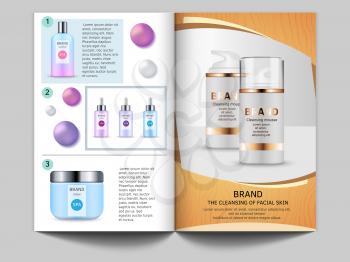 Design template of magazine. Vector pictures of cosmetics bottles and place for your text. Cosmetic product skincare in beauty magazine page illustration