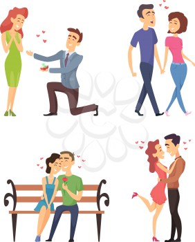 Love couples celebrating valentines day. Funny lovely characters in flat style. Love and happy romantic people, valentine day for woman and man. Vector illustration