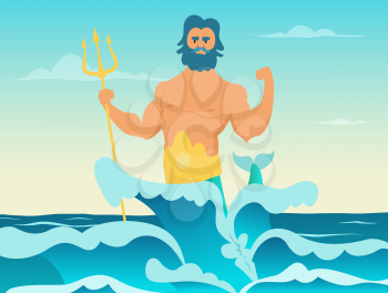 Poseidon Greek god of the sea. Poseidon with trident, neptune in sea, vector illustration