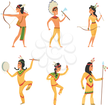 Set characters in cartoon style. Traditional American indians. Character traditional american culture, ethnic costume with feather. Vector illustration