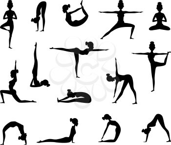 Silhouette of female wich making yoga. Vector collection of sport pictures. Black silhouette yoga female, balance girl figure illustration
