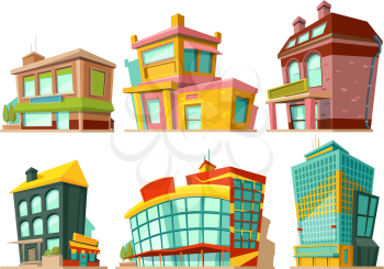 Cartoon buildings. Vector illustrations set isolate on white. Building house architecture exterior, home facade and front shop