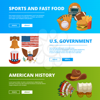 Banners set with symbols of american culture. Vector american culture and sport, fast food illustration