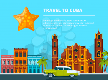 Urban landscape of cuba. Different historical symbols and landmarks. Travel and tourism, cityscape cuba, building city and landscape urban. Vector illustration