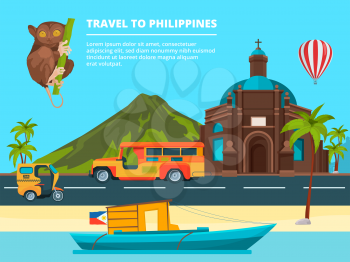 Urban landscape with Landmarks of Philippines. Banner journey and trip philippines, traditional landmark and tourism. Vector illustration