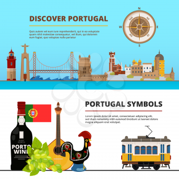 Banners set with illustrations of portuguese cultural objects. Vector portuguese discover banner, port building and castle