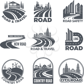 Logos with curved pathways and place for your text. Road asphalt curve, highway and pathway for transportation illustration vector