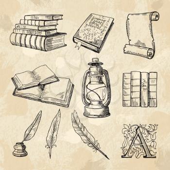 Literature concept pictures. Vintage hand drawings books and different tools for writers. Literature book sketch, hand drawing literary and feather pen with inkwell. Vector illustration