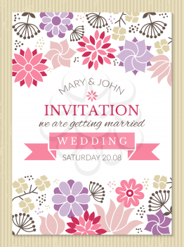 Floral poster design template with place for your text. Wedding invitation poster with color floral flower, vector illustration