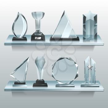 Collections of transparent trophies, awards and winner cups on shelf of glass. Trophy and award prize, sport cup transparent realistic, vector illustration