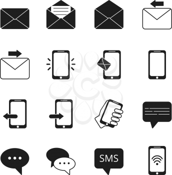 Business icon set of communication symbols. Phone, message bubbles, email signs. Message email and phone, telephone contact, speech bubble. Vector illustration