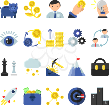 Business b2b symbols in flat style. Icons of management and finances. Business money, digital exchange bitcoin and payment electronic, vector illustration