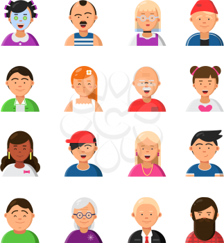 Funny cartoon faces. Avatars in flat style. Vector character cartoon face, people avatar portrait woman and man illustration