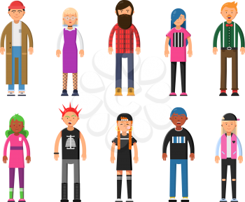 Funky young people. Hipsters characters male and female. People group social, boy and girl. Vector illustration