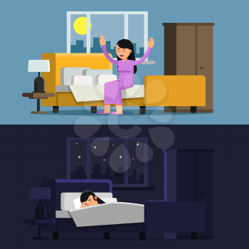 Illustrations of relaxed woman. Sleeping girl in bed. Female in the morning. Girl in bed, morning and night, vector sleep in bedroom